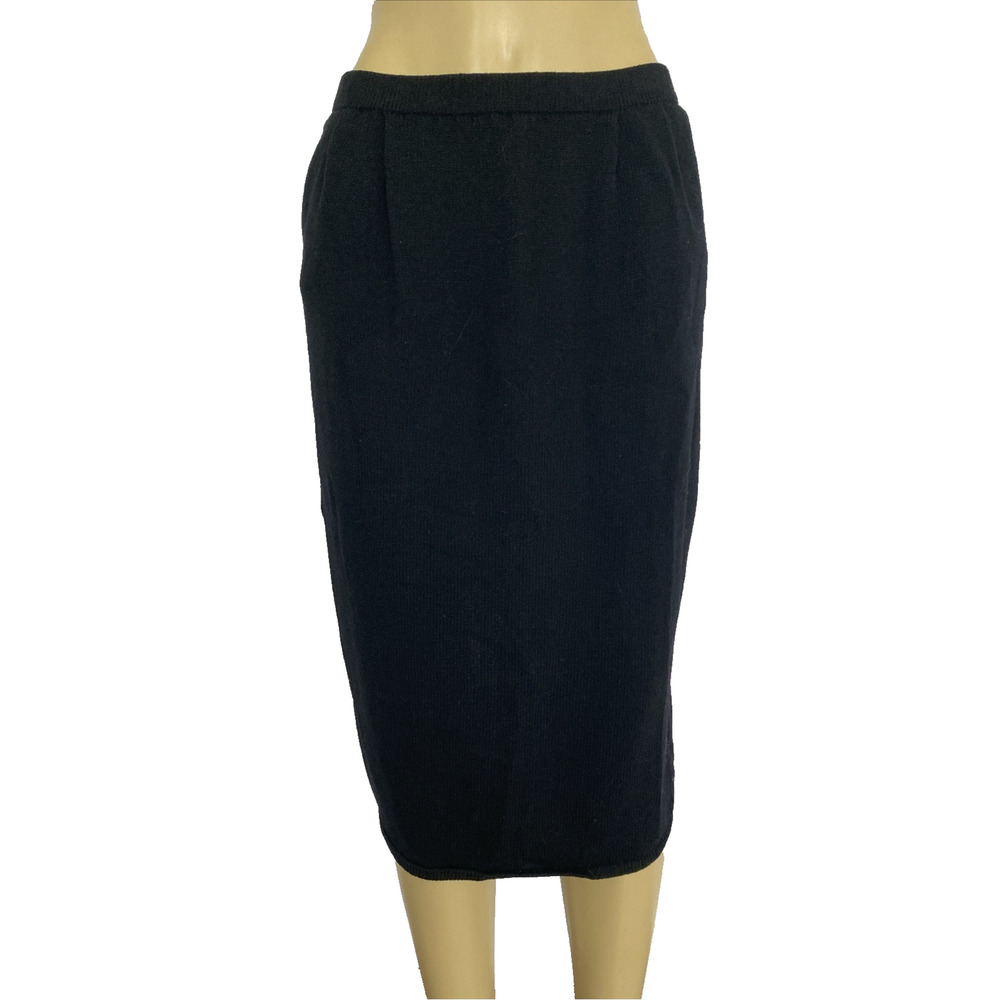St John Santana Knit Skirt Pencil Straight Midi Back Slit Black Wool 10 Vintage